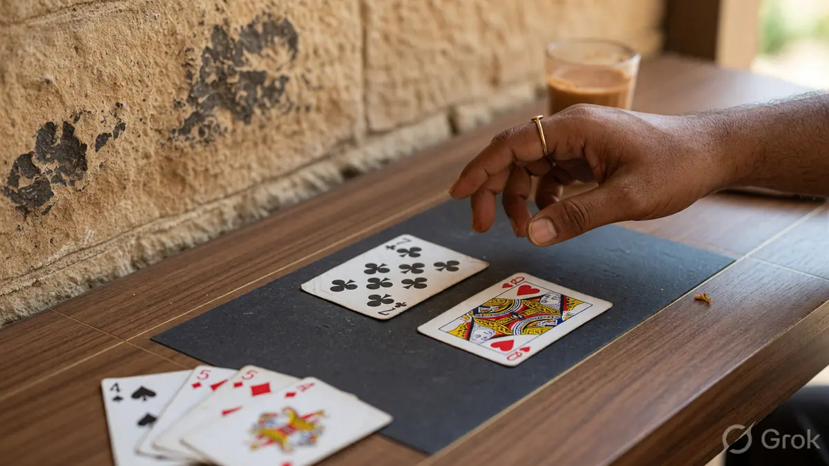 Close crop of overlapping same-suit cards on walnut with a fingertip at the last card